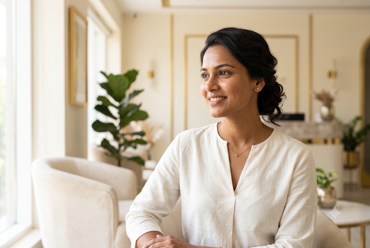 A confident woman with clear, even skin at the Dermatonik clinic in HSR Layout