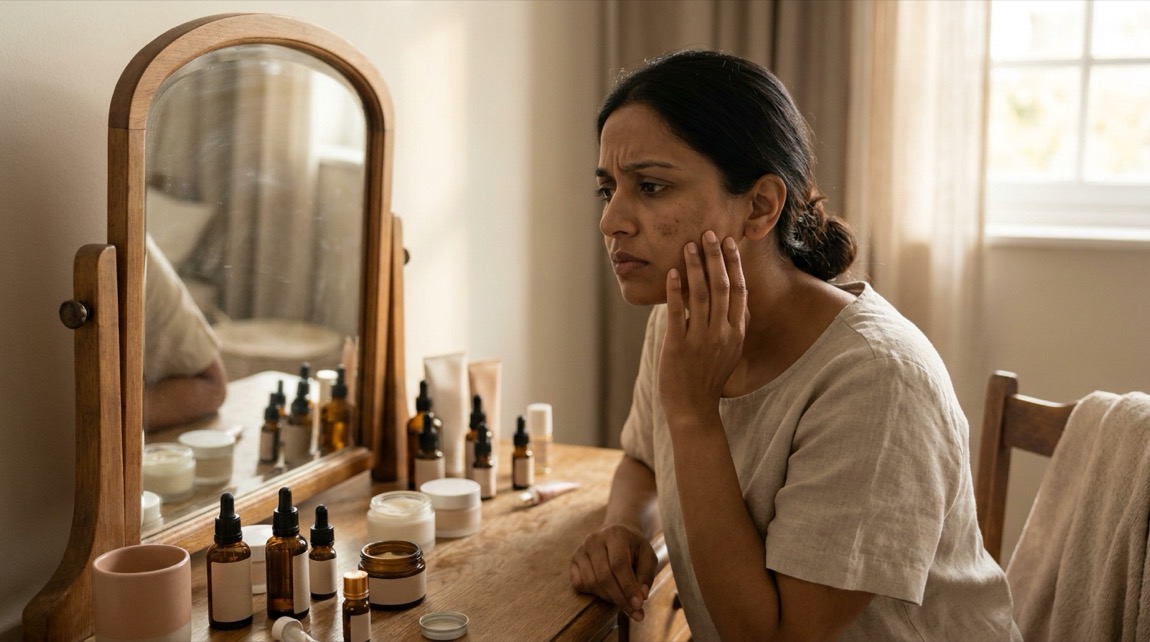 A woman frustrated with skincare products that didn't last