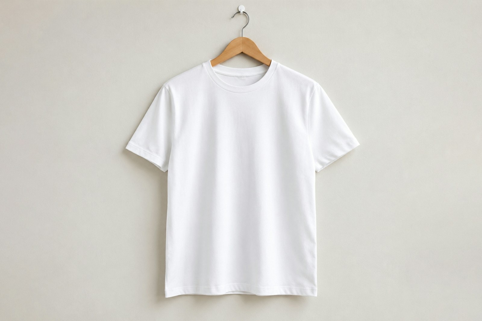 A plain white cotton t-shirt on a wooden hanger