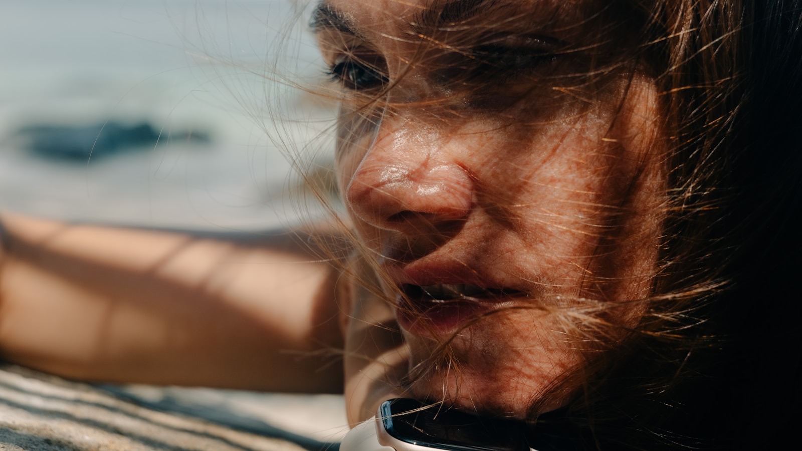 Close-up of a woman's face in natural daylight